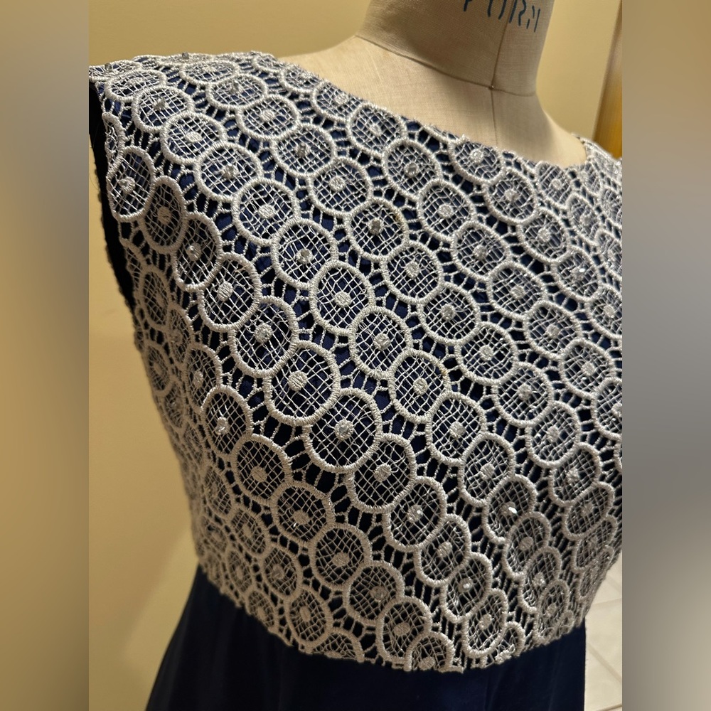 Navy blue women’s midi dress, with silver lace - Picture 2 of 5